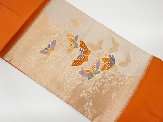 JAPANESE KIMONO / VINTAGE NAGOYA OBI / WOVEN BUTTERFLY & FLORAL PLANTS
